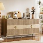 Nidouillet Fluted Storage Cabinets, 4-Door Console Cabinet & Sideboard Buffet with Reinforced Metal Corner Braces, Sturdy TV Stand and Coffee Bar for Living Room, Kitchen, Dining Room, Natural Oak
