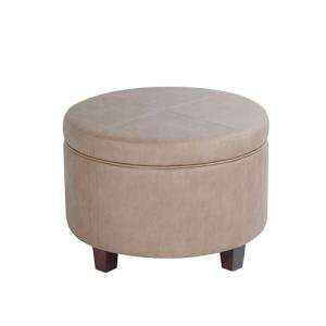 Homepop Home Decor | Upholstered Faux Leather Round Storage Ottoman | Ottoman with Storage for Living Room & Bedroom, Taupe Brown