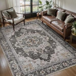 Tangsoo 4x6 Area Rug, Vintage Washable Non Slip Indoor Rugs, Oriental Machine Washable Rug Carpet, Farmhouse Soft Low Pile Foldable Floor Rugs for Dining Room Bedroom Living Room Home Decor