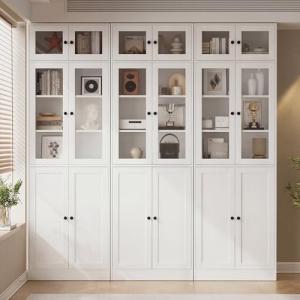 TUSY 85.5" Modern Tall Bookcase with Glass Doors, 7-Tier Wood Bookshelf with Storage for Home Office, Large Curio Cabinet for Living Room, Office, Bedroom, Family Room (White, BBB)