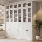 TUSY 85.5" Modern Tall Bookcase with Glass Doors, 7-Tier Wood Bookshelf with Storage for Home Office, Large Curio Cabinet for Living Room, Office, Bedroom, Family Room (White, BBB)