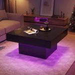 Giantex LED Coffee Table, Square Center Table with Remote, 21 Dynamic Modes, 20 Static Colors, Adjustable Brightness & Speed, Wood Low Cocktail Accent Table, Modern Living Room Table (Black)