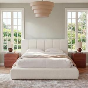 Yechen King Cloud Bed Frame with Headboard Removable, 5.9'' Boucle Upholstered Bed Rounded Corner Design, Soft Modern Low Platform Floor-Standing Support, Easy Assembly, No Box Spring Needed, Cream