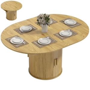 HOMCOM 43.3" to 59" Extendable Dining Table for 4-6, Farmhouse Round to Oval Kitchen Table with Storage, Fluted Sliding Doors and Pedestal Base for Small Spaces Kitchen Dining Room, Natural Wood