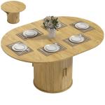 HOMCOM 43.3" to 59" Extendable Dining Table for 4-6, Farmhouse Round to Oval Kitchen Table with Storage, Fluted Sliding Doors and Pedestal Base for Small Spaces Kitchen Dining Room, Natural Wood