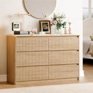 Ieejdn Fluted Dresser for Bedroom with 6 Drawers, 47.2" Modern Chest of Drawers with Faux Marble Top, Curved Profile Design,Dresser TV Stand, Wood Drawer Organizer for Living Room, Hallway, Natural