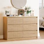 Ieejdn Fluted Dresser for Bedroom with 6 Drawers, 47.2" Modern Chest of Drawers with Faux Marble Top, Curved Profile Design,Dresser TV Stand, Wood Drawer Organizer for Living Room, Hallway, Natural
