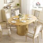 HOMCOM 43.3" to 59" Extendable Dining Table for 4-6, Farmhouse Round to Oval Kitchen Table with Storage, Fluted Sliding Doors and Pedestal Base for Small Spaces Kitchen Dining Room, Natural Wood