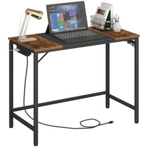 HOOBRO Computer Desk, Home Office Desk with Power Outlet, Modern Study Writing Desk with 3 Hooks for Study Room, Home Office, Sturdy and Stable, Easy to Assemble, Rustic Brown and Black BF40UDN01