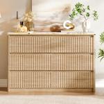 Ieejdn Fluted Dresser for Bedroom with 6 Drawers, 47.2" Modern Chest of Drawers with Faux Marble Top, Curved Profile Design,Dresser TV Stand, Wood Drawer Organizer for Living Room, Hallway, Natural