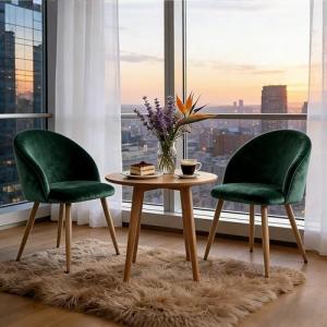 Lightdot Dining Chairs Set of 2, Velvet Comfortable Seats, Mid-Century Modern Living Room Chairs, Upholstered Kitchen Chairs with Wooden Legs and Padded Seat for Bedroom Office - Dark Green