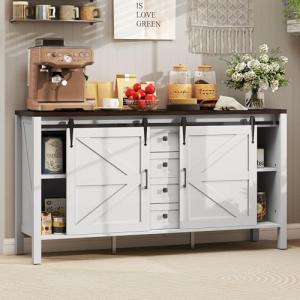 HOMCOM 59 Inch Farmhouse Sideboard Buffet Cabinet with Thick Top, Coffee Bar Cabinet with 2 Sliding Barn Doors, 4 Drawers and 2 Adjustable Shelves for Kitchen, Distressed White