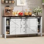 HOMCOM 59 Inch Farmhouse Sideboard Buffet Cabinet with Thick Top, Coffee Bar Cabinet with 2 Sliding Barn Doors, 4 Drawers and 2 Adjustable Shelves for Kitchen, Distressed White