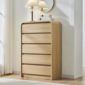 Aitjunz Modern 5 Drawers Dresser for Bedroom, 45" Tall Dressers & Chests of Drawers w/Curved Profile Design, Wood Mid Century Vertical Dresser w/Natural Texture for Bedroom, Living Room, Natural Oak