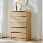 Aitjunz Modern 5 Drawers Dresser for Bedroom, 45" Tall Dressers & Chests of Drawers w/Curved Profile Design, Wood Mid Century Vertical Dresser w/Natural Texture for Bedroom, Living Room, Natural Oak