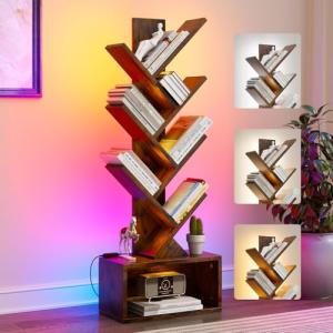 Evermagin 6 Tier Tree Bookshelf with Lights, LED Book Tree Bookcase with Storage Organizer, Small Corner Bookshelf Floor Standing Book Shelf for Living Room, Bedroom & Home Office, Rustic Brown