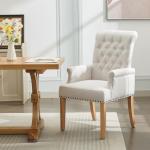 WUTUTUEE Fabric Dining Chair with Arms, Upholstered Tufted High Back Dining Room Chairs, Accent Armchair with Solid Wood Leg and Nailhead Trim, Kitchen Dining Living Room, Beige