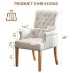 WUTUTUEE Fabric Dining Chair with Arms, Upholstered Tufted High Back Dining Room Chairs, Accent Armchair with Solid Wood Leg and Nailhead Trim, Kitchen Dining Living Room, Beige