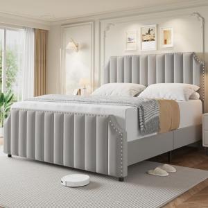 King Size Velvet Bed Frame, Vertical Channel Tufted 50.2 in Tall Headboard and Footboard with Nailhead Trim, Upholstered Platform Bed, Strong Wooden Slats, No Box Spring Needed, Easy Assembly, Grey