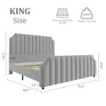 King Size Velvet Bed Frame, Vertical Channel Tufted 50.2 in Tall Headboard and Footboard with Nailhead Trim, Upholstered Platform Bed, Strong Wooden Slats, No Box Spring Needed, Easy Assembly, Grey