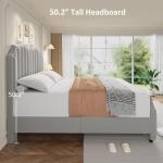 King Size Velvet Bed Frame, Vertical Channel Tufted 50.2 in Tall Headboard and Footboard with Nailhead Trim, Upholstered Platform Bed, Strong Wooden Slats, No Box Spring Needed, Easy Assembly, Grey