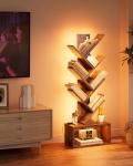 Evermagin 6 Tier Tree Bookshelf with Lights, LED Book Tree Bookcase with Storage Organizer, Small Corner Bookshelf Floor Standing Book Shelf for Living Room, Bedroom & Home Office, Rustic Brown