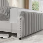 King Size Velvet Bed Frame, Vertical Channel Tufted 50.2 in Tall Headboard and Footboard with Nailhead Trim, Upholstered Platform Bed, Strong Wooden Slats, No Box Spring Needed, Easy Assembly, Grey