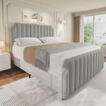 King Size Velvet Bed Frame, Vertical Channel Tufted 50.2 in Tall Headboard and Footboard with Nailhead Trim, Upholstered Platform Bed, Strong Wooden Slats, No Box Spring Needed, Easy Assembly, Grey