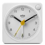 Braun Classic Travel Analogue Alarm Clock with Snooze and Light, Compact Size, Quiet Quartz Movement, Crescendo Beep Alarm in White, Model BC02XW.