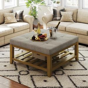 Befurtori Large Square Ottoman Coffee Table, Linen Solid Upholstered Footrest Ottoman with Solid Wood Shelf Storage Tufted Coffee Table for Bedroom Living Room, Linen