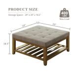 Befurtori Large Square Ottoman Coffee Table, Linen Solid Upholstered Footrest Ottoman with Solid Wood Shelf Storage Tufted Coffee Table for Bedroom Living Room, Linen