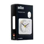 Braun Classic Travel Analogue Alarm Clock with Snooze and Light, Compact Size, Quiet Quartz Movement, Crescendo Beep Alarm in White, Model BC02XW.