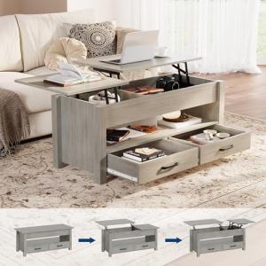 IDEALHOUSE 47.2" Coffee Table with Storage, Multi-Function Lift Top Coffee Table with Wooden Lift Tabletop, 2 Drawers and Hidden Compartment, Central Table for Living Room Home Office, Grey