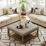 Befurtori Large Square Ottoman Coffee Table, Linen Solid Upholstered Footrest Ottoman with Solid Wood Shelf Storage Tufted Coffee Table for Bedroom Living Room, Linen