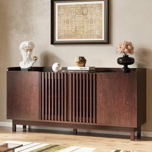 IRONCK 63" Storage Cabinet, Buffet Cabinet with Grille Doors and 2 Adjustable Shelves, Mid Century Sideboard for Kitchen, Dining Room, Entryway（Natural Red Walnut）