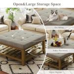 Befurtori Large Square Ottoman Coffee Table, Linen Solid Upholstered Footrest Ottoman with Solid Wood Shelf Storage Tufted Coffee Table for Bedroom Living Room, Linen