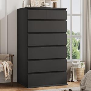 Black Tall 7 Drawer Dresser for Bedroom, Modern Wood Closet Dressers & Chests of Drawers with Jewelry Storage, 23.6" L*15.8" W*47.5" H in Large Vertical Dresser for Bedroom, Living Room, Nursery