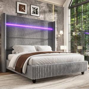 Jocisland King Size Bed Frame Faux-Fur Upholstered Bed 60" Tall Wingback Headboard with LED Lights/Charging Station/No Box Spring Needed/Grey