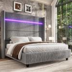 Jocisland King Size Bed Frame Faux-Fur Upholstered Bed 60" Tall Wingback Headboard with LED Lights/Charging Station/No Box Spring Needed/Grey
