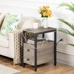 HOOBRO End Table with Charging Station, Narrow Side Table with 2 Drawers & USB Ports & Power Outlets, Nightstand for Small Spaces, Bedroom, Living Room, Stable and Sturdy, Greige and Black BG541BZ01