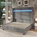 Jocisland King Size Bed Frame Faux-Fur Upholstered Bed 60" Tall Wingback Headboard with LED Lights/Charging Station/No Box Spring Needed/Grey