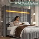 Jocisland King Size Bed Frame Faux-Fur Upholstered Bed 60" Tall Wingback Headboard with LED Lights/Charging Station/No Box Spring Needed/Grey