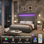 Jocisland King Size Bed Frame Faux-Fur Upholstered Bed 60" Tall Wingback Headboard with LED Lights/Charging Station/No Box Spring Needed/Grey