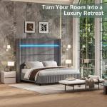 Jocisland King Size Bed Frame Faux-Fur Upholstered Bed 60" Tall Wingback Headboard with LED Lights/Charging Station/No Box Spring Needed/Grey