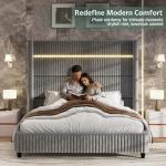 Jocisland King Size Bed Frame Faux-Fur Upholstered Bed 60" Tall Wingback Headboard with LED Lights/Charging Station/No Box Spring Needed/Grey