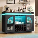 Wine Bar Cabinet with Power Outlet & LED Light, 54'' Liquor Cabinet with 15 Wine Rack & Glass Holder, Coffee Bar Cabinet for Home with Storage, 2 Arched Door, Buffet Sideboard for Living Room, Kitchen