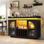 Wine Bar Cabinet with Power Outlet & LED Light, 54'' Liquor Cabinet with 15 Wine Rack & Glass Holder, Coffee Bar Cabinet for Home with Storage, 2 Arched Door, Buffet Sideboard for Living Room, Kitchen