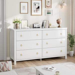 GarveeHome 6 Drawer Dresser for Bedroom, 47 in Wide Dresser, Chest of Drawers, Wooden Dressers Chest with Clothes Storage Cabinet, Drawer Organizer for Bedroom, Living Room, Hallway, White