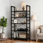 SageNest 5 Tier Bookshelf, Free Standing Wooden Bookcase with Open Storage Shelves with Metal Frame, Sturdy Shelf Organization Display Rack for Living Room, Bedroom, Home Office, 62.2" Tall, Black