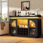 Wine Bar Cabinet with Power Outlet & LED Light, 54'' Liquor Cabinet with 15 Wine Rack & Glass Holder, Coffee Bar Cabinet for Home with Storage, 2 Arched Door, Buffet Sideboard for Living Room, Kitchen